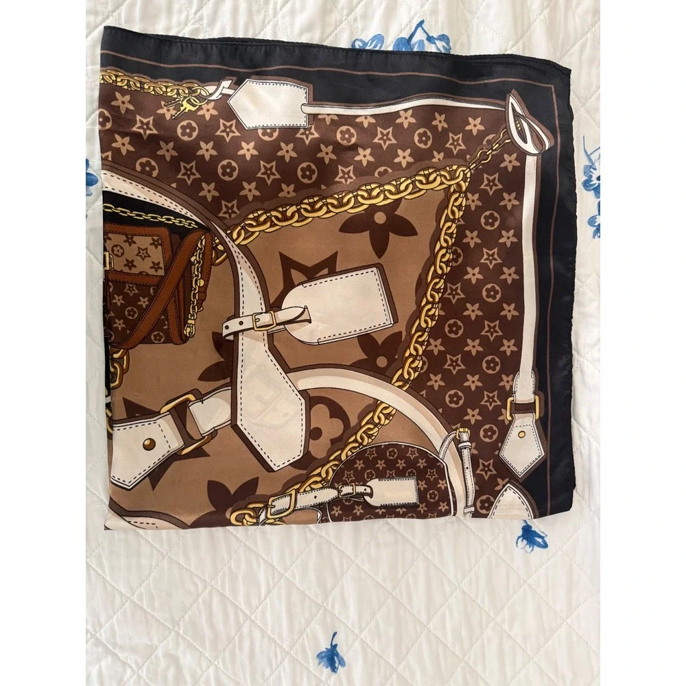 Designer Inspired Monogram Handbag Print Square Scarf Brown Tan Gold Chain